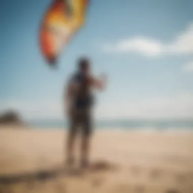 A kiteboarding enthusiast inspecting a second-hand kite.