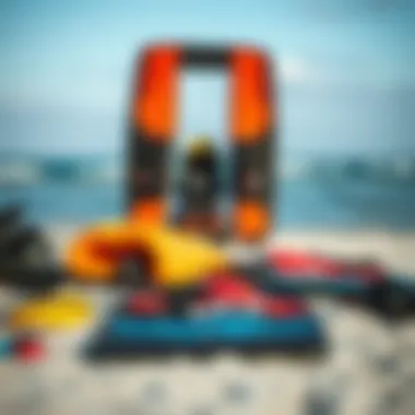 An array of essential kiteboarding gear laid out on a beach.