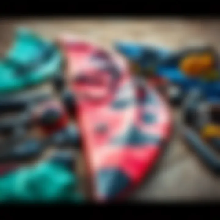 An assortment of essential gear for kiteboarding with F1 kites laid out