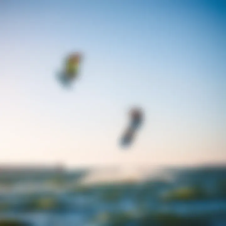 A serene view of Fond du Lac's waterfront with kiteboarders in action
