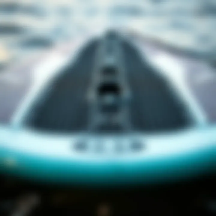 A close-up of a hydrofoil surfboard showcasing its intricate design