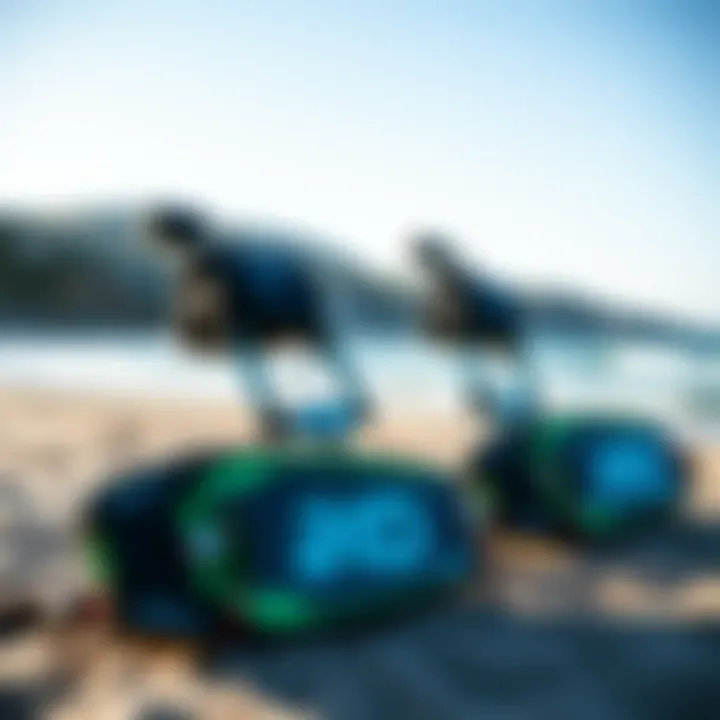 Kiteboarding equipment showcasing IKO branding on the beach