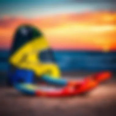 A vibrant Ion kitesurfing setup on the beach showcasing the gear against a stunning sunset.