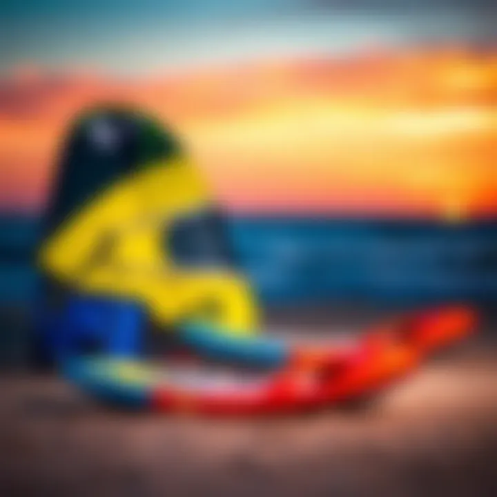 A vibrant Ion kitesurfing setup on the beach showcasing the gear against a stunning sunset.
