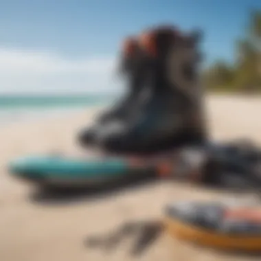 Equipment setup on the beach for kiteboarding