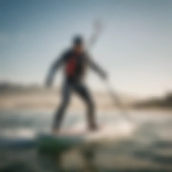 Kiteboarder utilizing a specialized kite leash in action