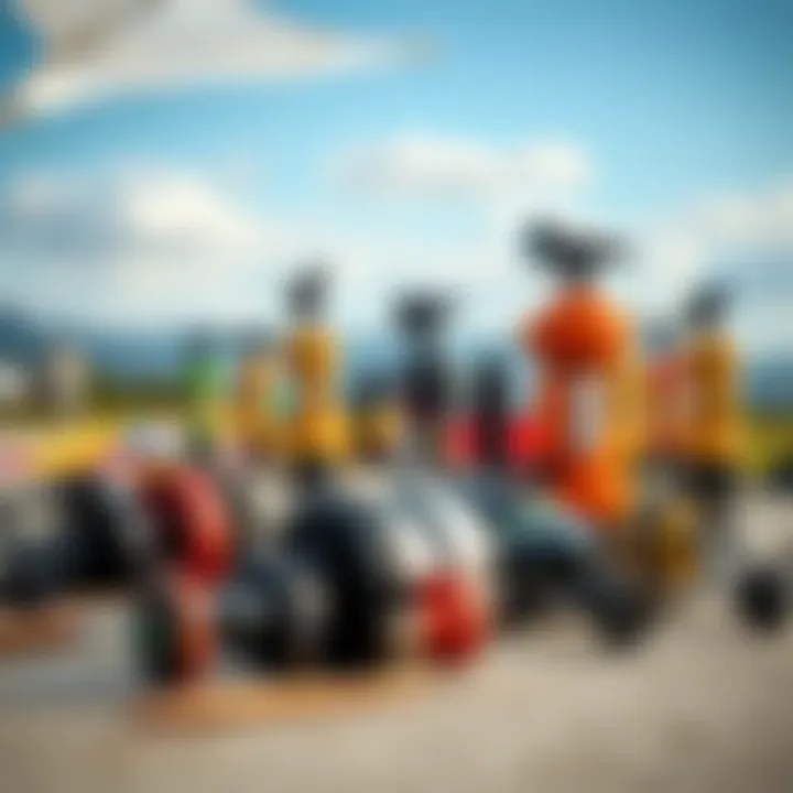 An assortment of different types of kite pumps laid out on a surface, emphasizing their unique designs.