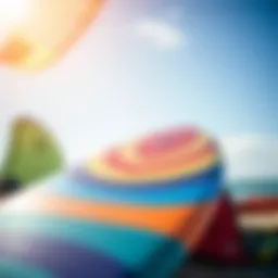 A vibrant kite surf board displayed in a sunlit environment