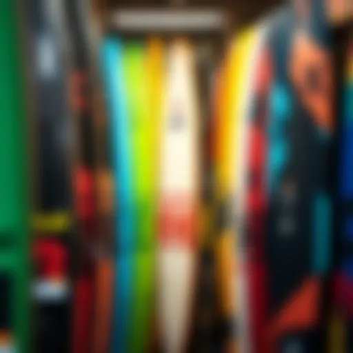 Colorful kiteboards displayed in a shop