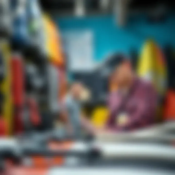 Expert examining kite equipment in a store