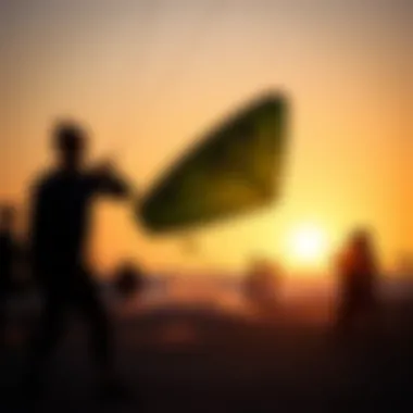 Group of riders enjoying kite surfing at sunset