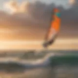 Kite surfing action against a vibrant sunset in San Juan