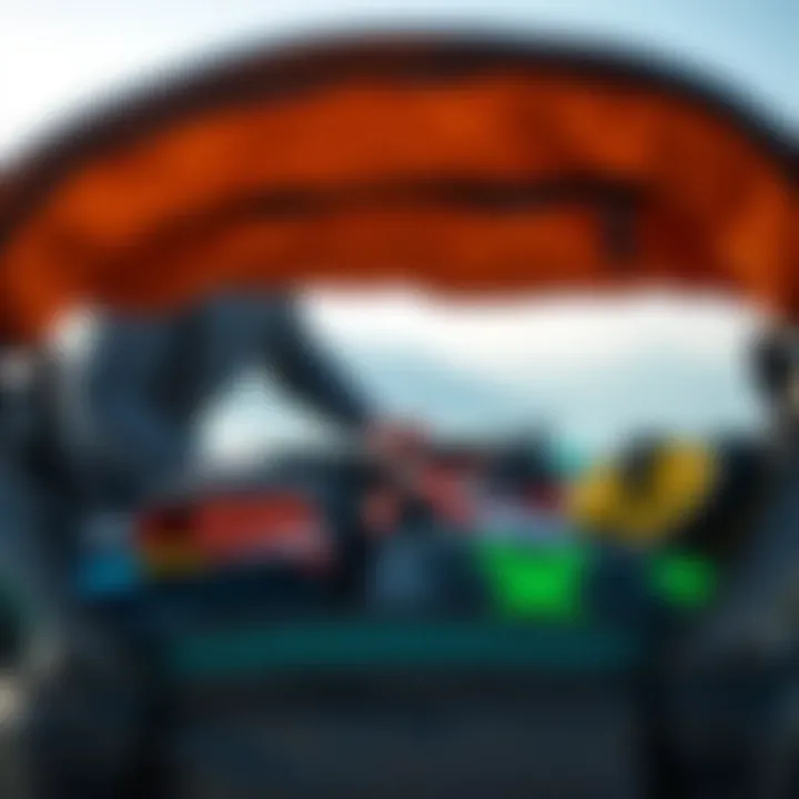 A kiteboarder organizing gear inside a kite surfing bag