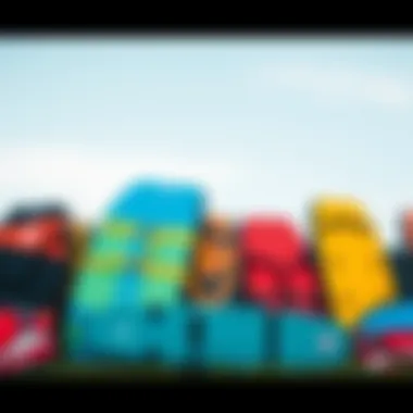 An array of kite surfing bags showcasing diverse designs and colors