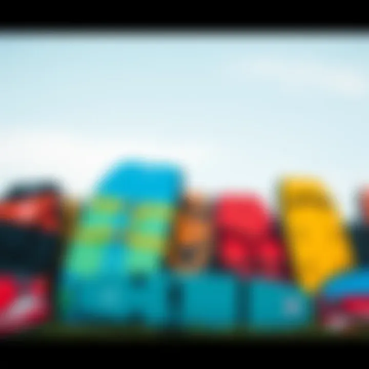 An array of kite surfing bags showcasing diverse designs and colors
