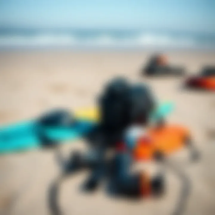 Essential kite surfing gear laid out on the beach