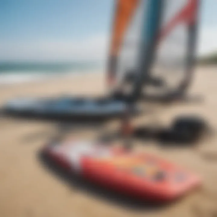 Essential kite surfing gear laid out on the beach