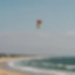 A vibrant kite soaring against the backdrop of Cape Cod's coastline