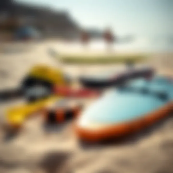 Essential Gear for Kite Surfing A close-up of essential kite surfing gear laid out on a sandy beach in Paros