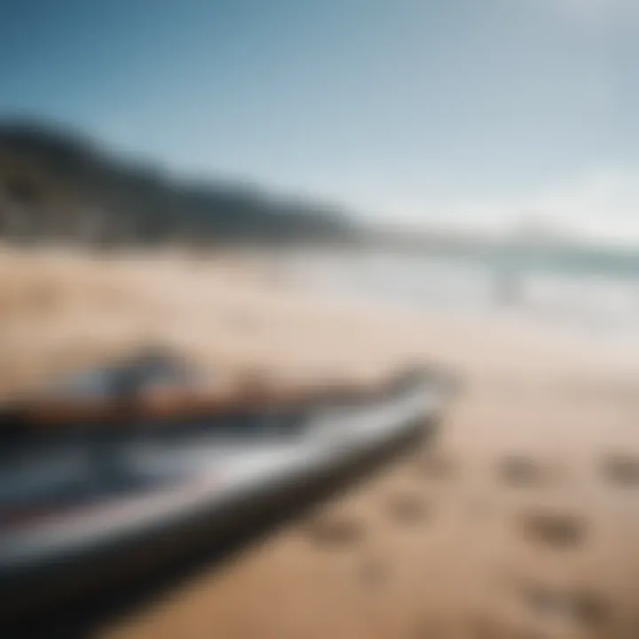 Close-up of high-quality kite surfing equipment laid out on the beach