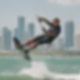 Vibrant kite surfing action against Miami's skyline