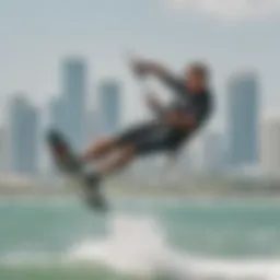 Vibrant kite surfing action against Miami's skyline