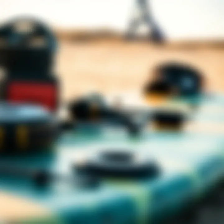 Close-up of kite surf board and accessories