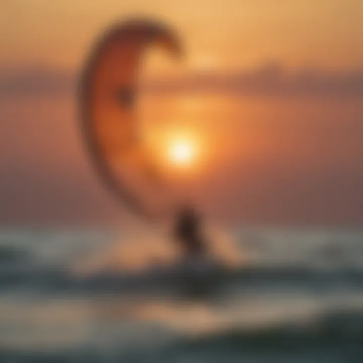 Kite surfers riding the waves during sunset