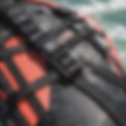 A close-up view of a high-performance kiteboard harness showcasing its features.