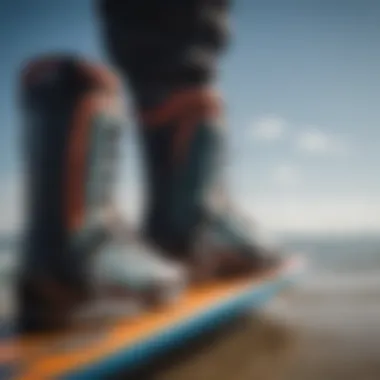 Close-up of various kiteboard boot designs and materials