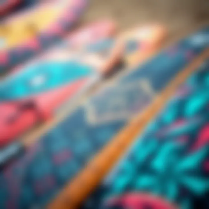 A close-up of various kiteboard designs showcasing intricate patterns and colors
