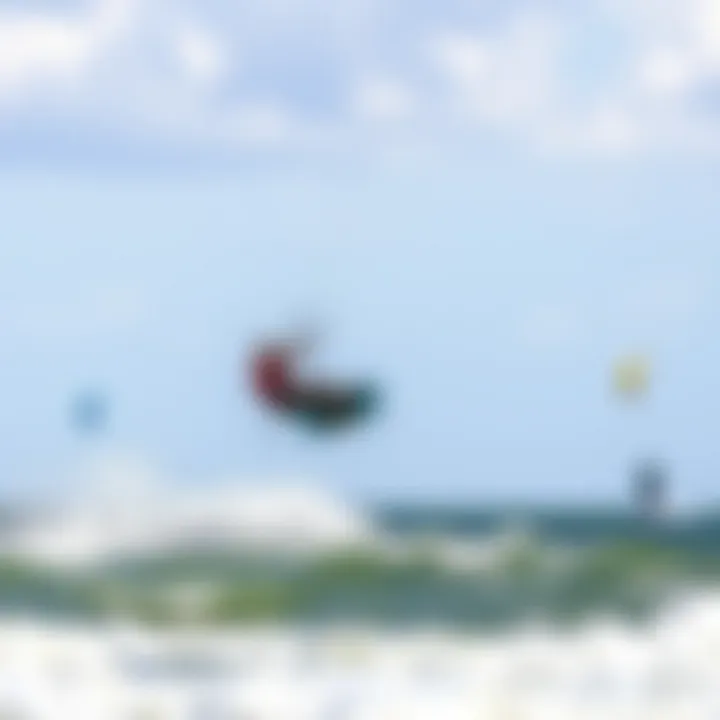 A scenic view of New Smyrna Beach with kiteboarders riding the waves