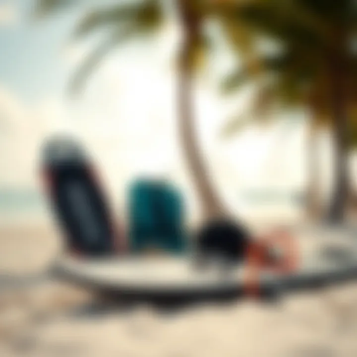 Essential Kiteboarding Gear on the Beach Kiteboarding gear laid out on the sandy beach with palm trees swaying in the background