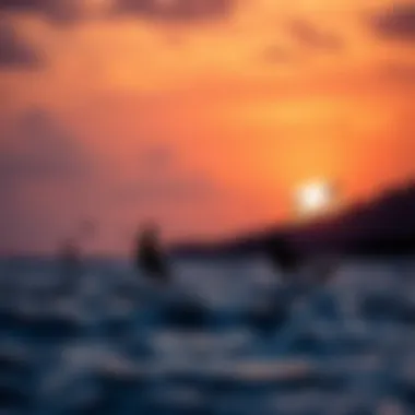Sunset Silhouettes of Kiteboarders A picturesque sunset over the ocean with kiteboarders silhouetted against the colorful sky