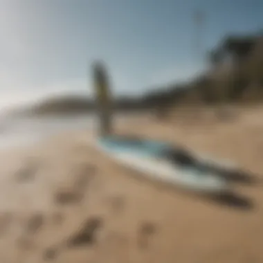 A diverse range of kiteboarding boards displayed on the beach