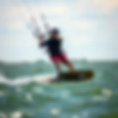 A kiteboarder navigating dynamic wind conditions on a lake