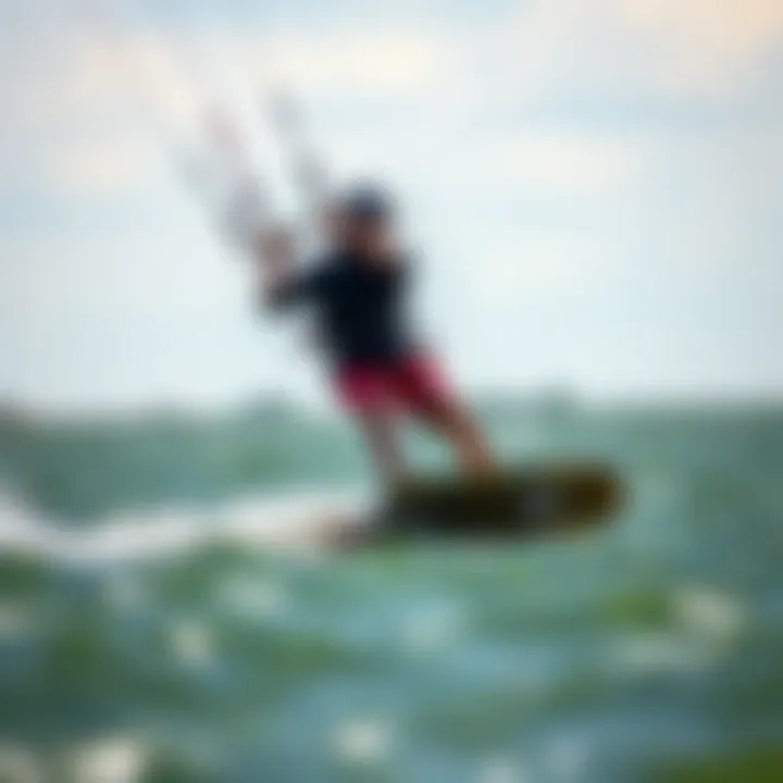 A kiteboarder navigating dynamic wind conditions on a lake