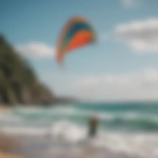 A vibrant kite soaring high above the ocean waves