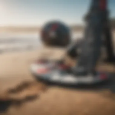 Close-up of high-performance kiteboarding gear on the beach