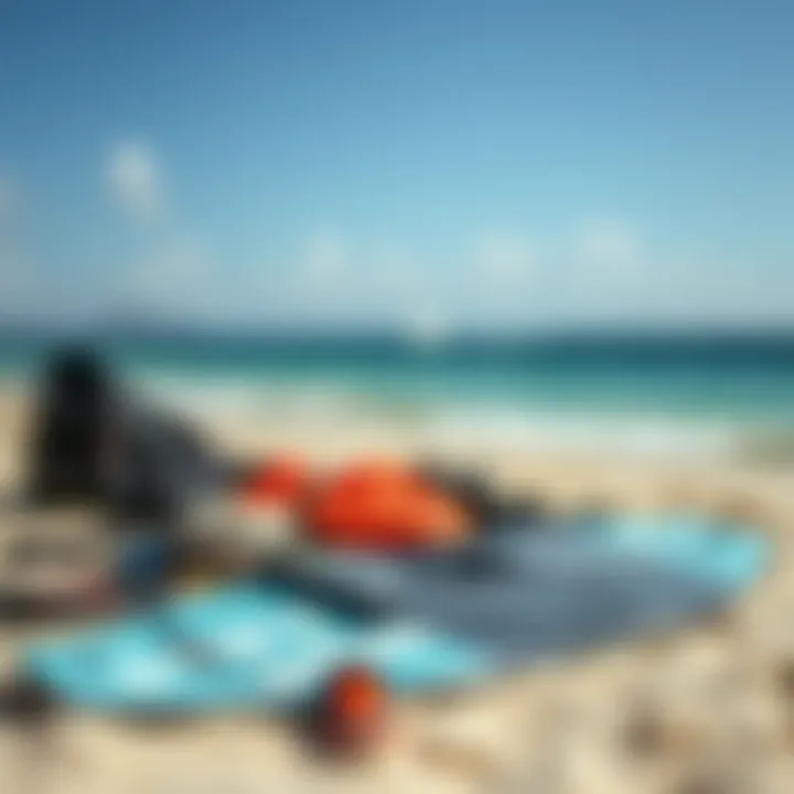 Essential Kiteboarding Gear on the Beach Kiteboarding gear laid out on the beach