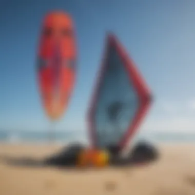 A well-maintained kiteboarding kite with safety gear laid out nearby