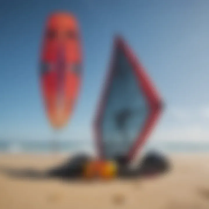 A well-maintained kiteboarding kite with safety gear laid out nearby