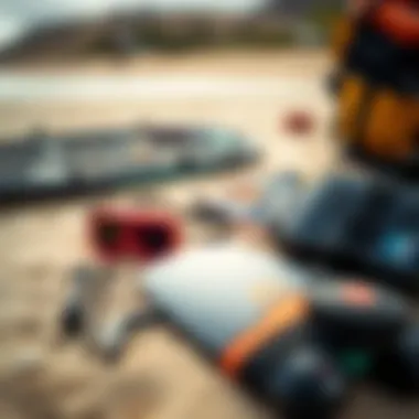 Close-up of essential kiteboarding gear laid out on the sand