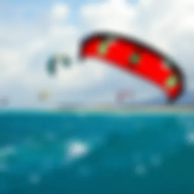 A vibrant kiteboarding scene with multiple kites in the sky
