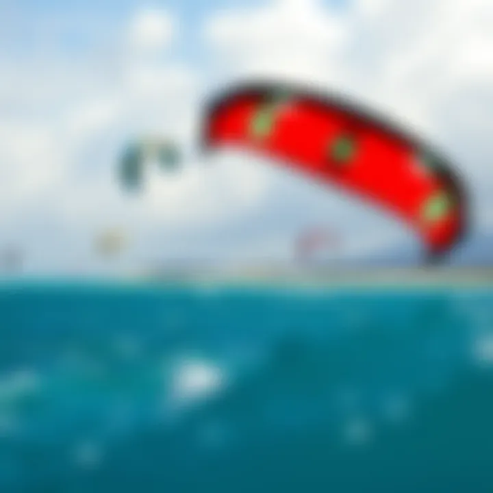 A vibrant kiteboarding scene with multiple kites in the sky