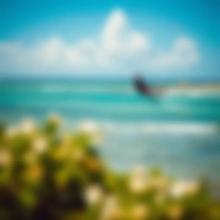 A picturesque kiteboarding spot with clear water and blue skies