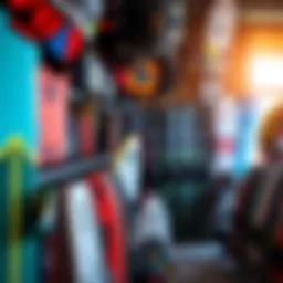 A vibrant kiteboarding gear display showcasing a variety of kites and boards.