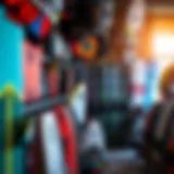 Diverse Kiteboarding Gear Selection A vibrant kiteboarding gear display showcasing a variety of kites and boards.