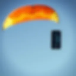 A vibrant kite soaring against a clear blue sky with wind meter displayed on iPhone
