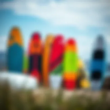 Diverse Kites and Boards for Kitesurfing A selection of vibrant kitesurf boards and kites displayed against a scenic backdrop